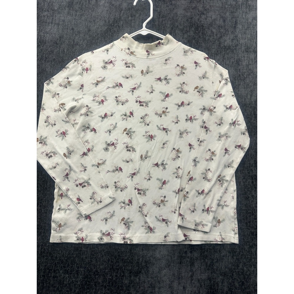 Croft & Barrow Blouse Top Womens 1X Beige Cardinal Print Knit Casual Mock Neck